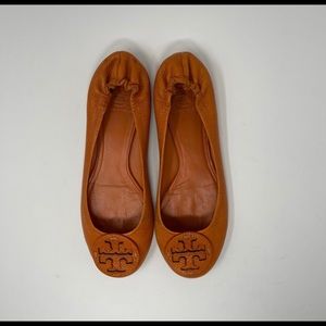 TORY BURCH Women's SIZE 9M Orange Leather Travel Minnie Ballet Flat Shoes